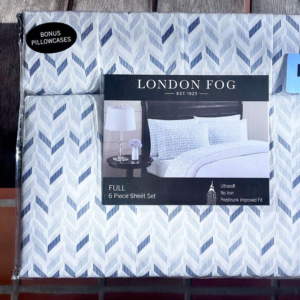 6-pc London Fog FULL SIZE Sheet Set - BLUE WHITE CHEVRON - 2 EXTRA PILLOWCASES